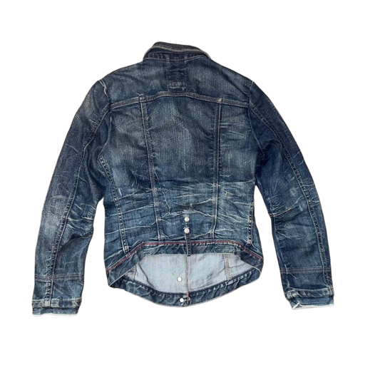 Marithe + Francois Girbaud dark wash denim button up fitted jacket