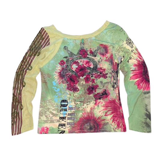 Save the Queen green floral graphic mesh long sleeve