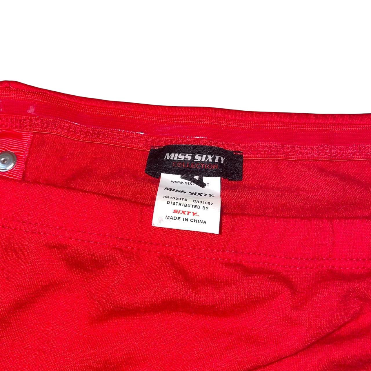 Miss Sixty red off the shoulder top with snap button detailing | late-2000s