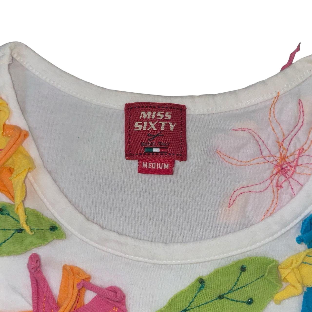 Miss Sixty white tank with floral appliqués | early-2000s