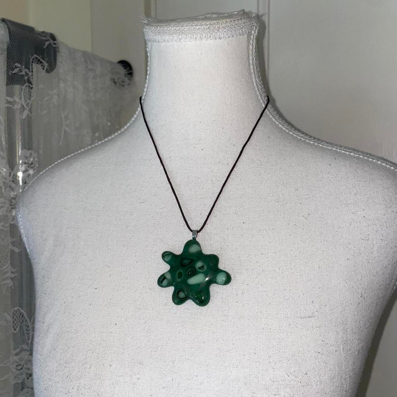 Handmade green swirled abstract glass pendant necklace