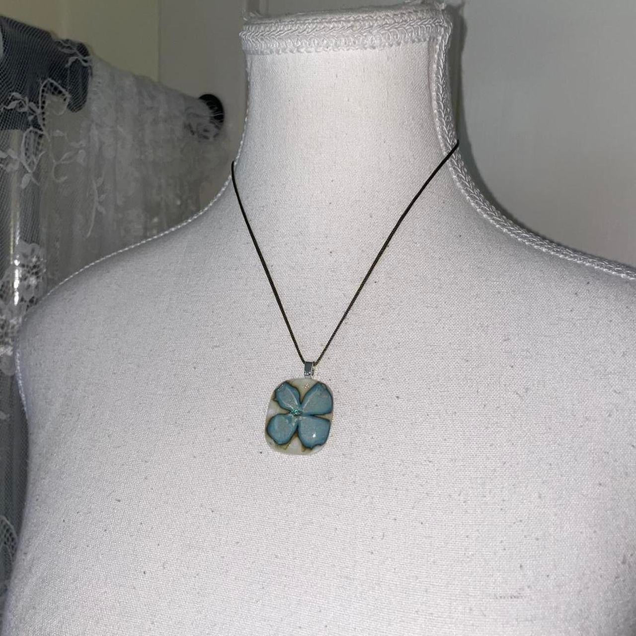 Handmade iridescent silver flower glass pendant necklace