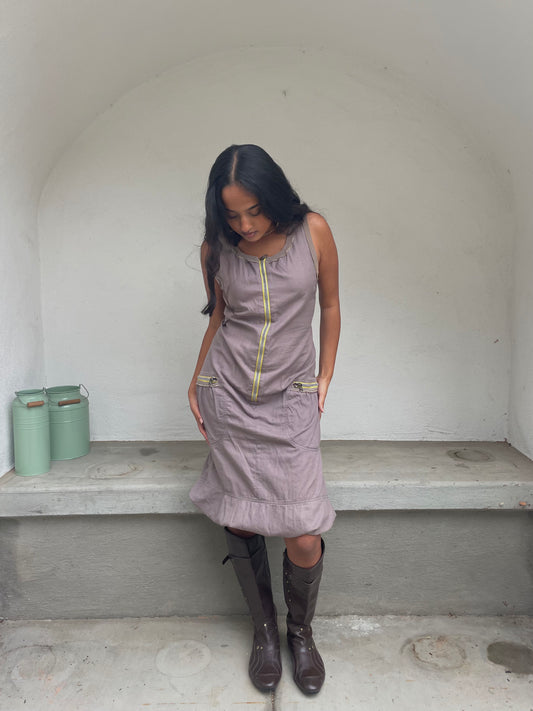 Cop. Copine muted brown avant garde zip up bubble dress | mid-2000s