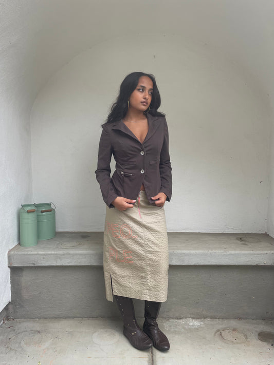 Cop. Copine tan embroidered midi skirt