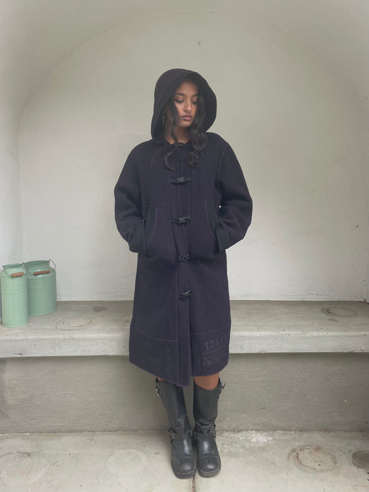 Cop. Copine deep purple wool hooded trench with buckle closure
