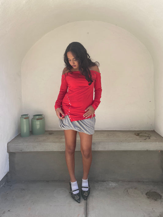 Miss Sixty red off the shoulder top with snap button detailing | late-2000s