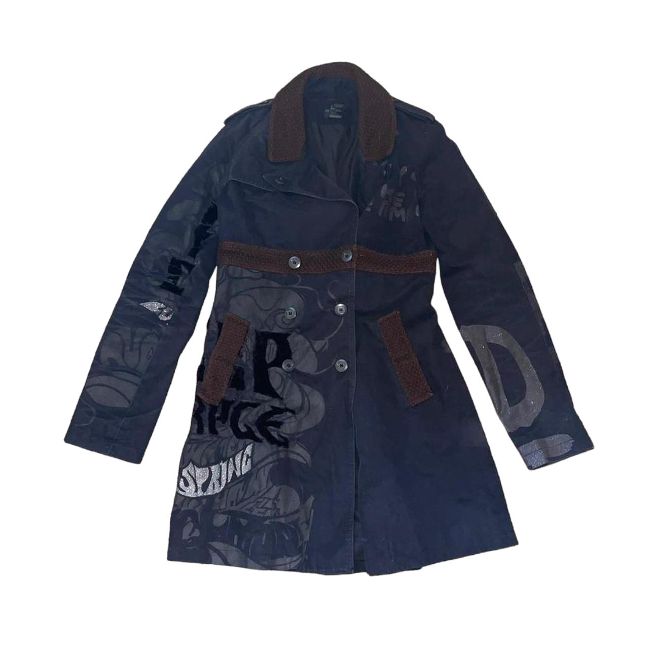 Custo Barcelona black graphic double breasted trench