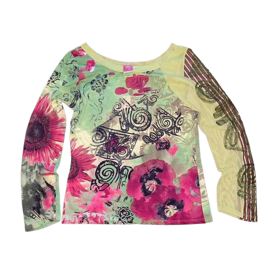 Save the Queen green floral graphic mesh long sleeve