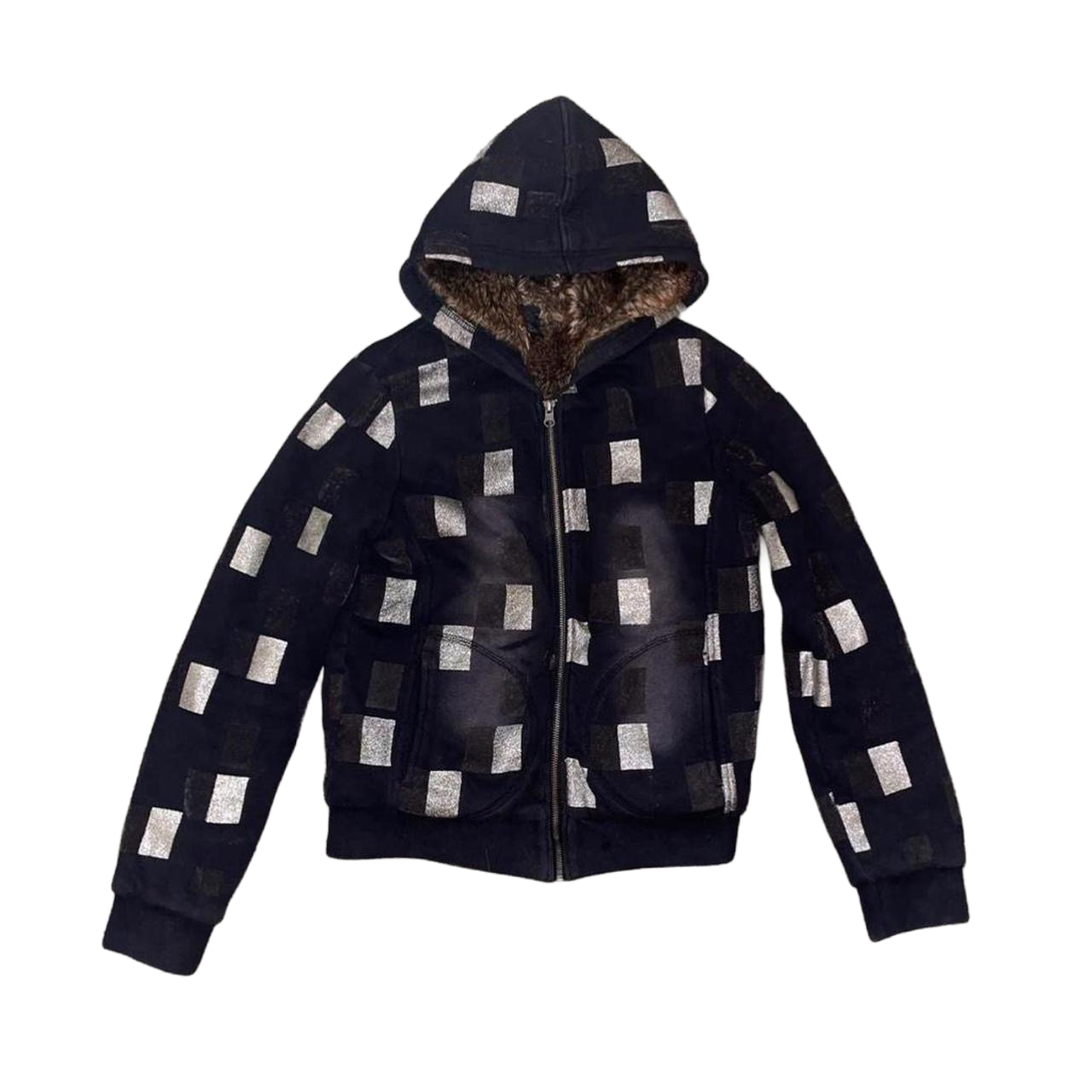 Custo Barcelona faded black graphic hooded jacket with faux fur lining