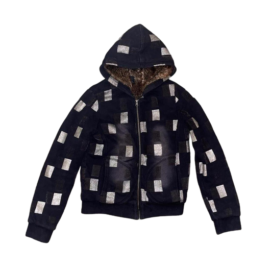 Custo Barcelona faded black graphic hooded jacket with faux fur lining