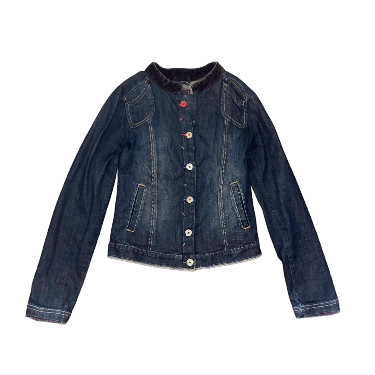 Marithe + Francois Girbaud dark wash button up fitted denim jacket