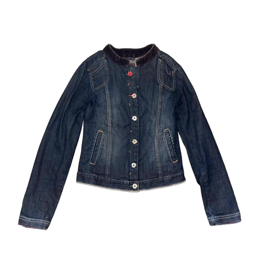 Marithe + Francois Girbaud dark wash button up fitted denim jacket