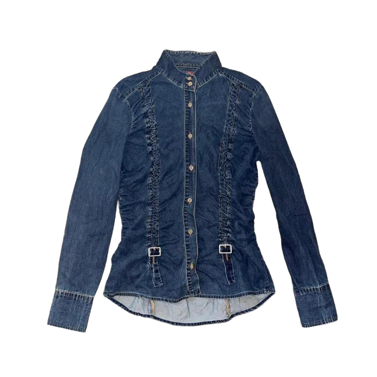 Miss Sixty dark wash ruched denim shirt with buckle details