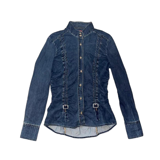 Miss Sixty dark wash ruched denim shirt with buckle details