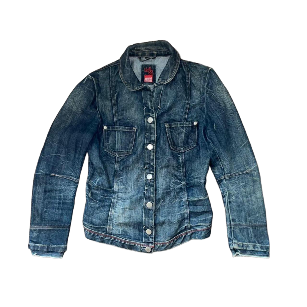Marithe + Francois Girbaud dark wash denim button up fitted jacket