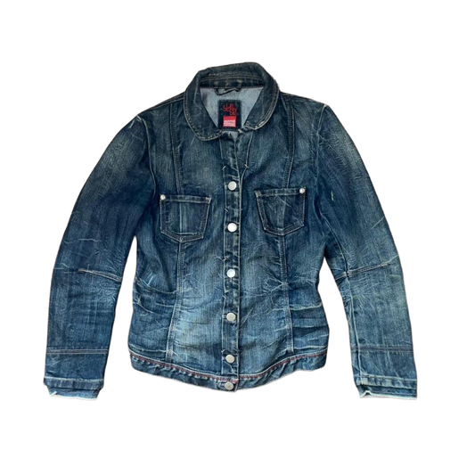 Marithe + Francois Girbaud dark wash denim button up fitted jacket