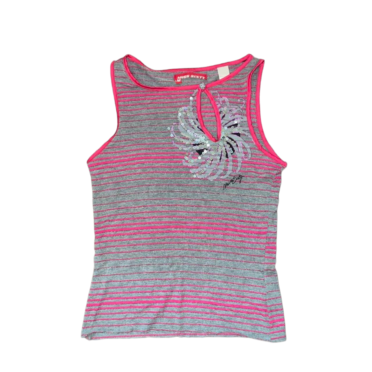 Miss Sixty gray and pink stripe sequin cut out top