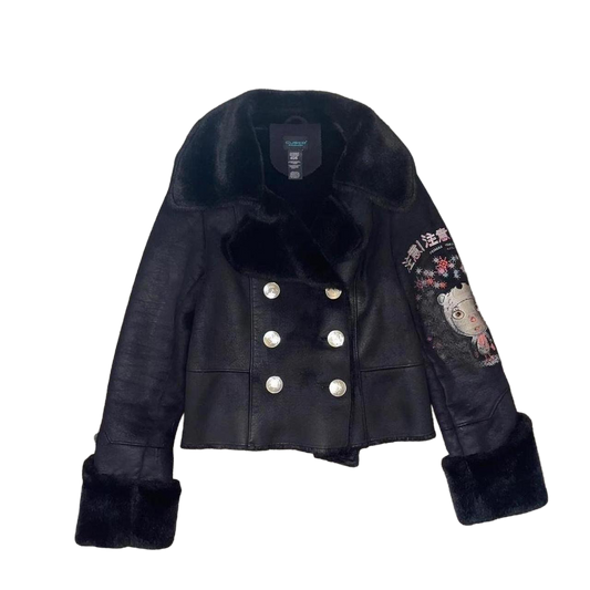 Custo Barcelona black embroidered faux fur coat