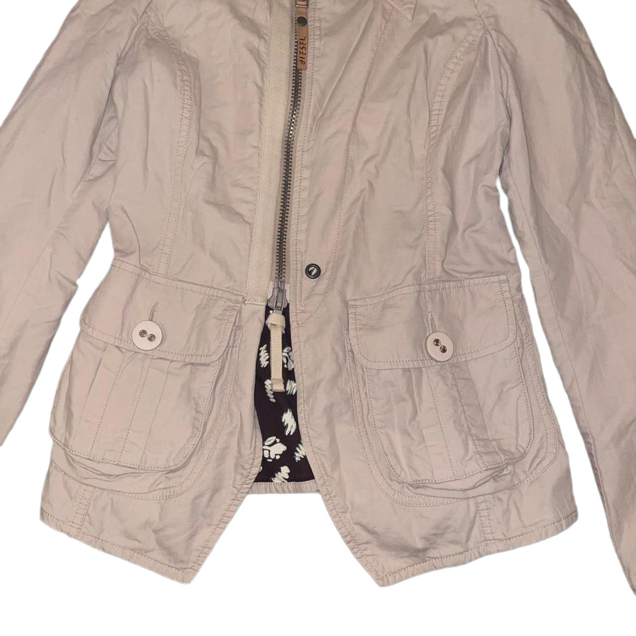 Diesel cream asymmetric zip up utility jacket
