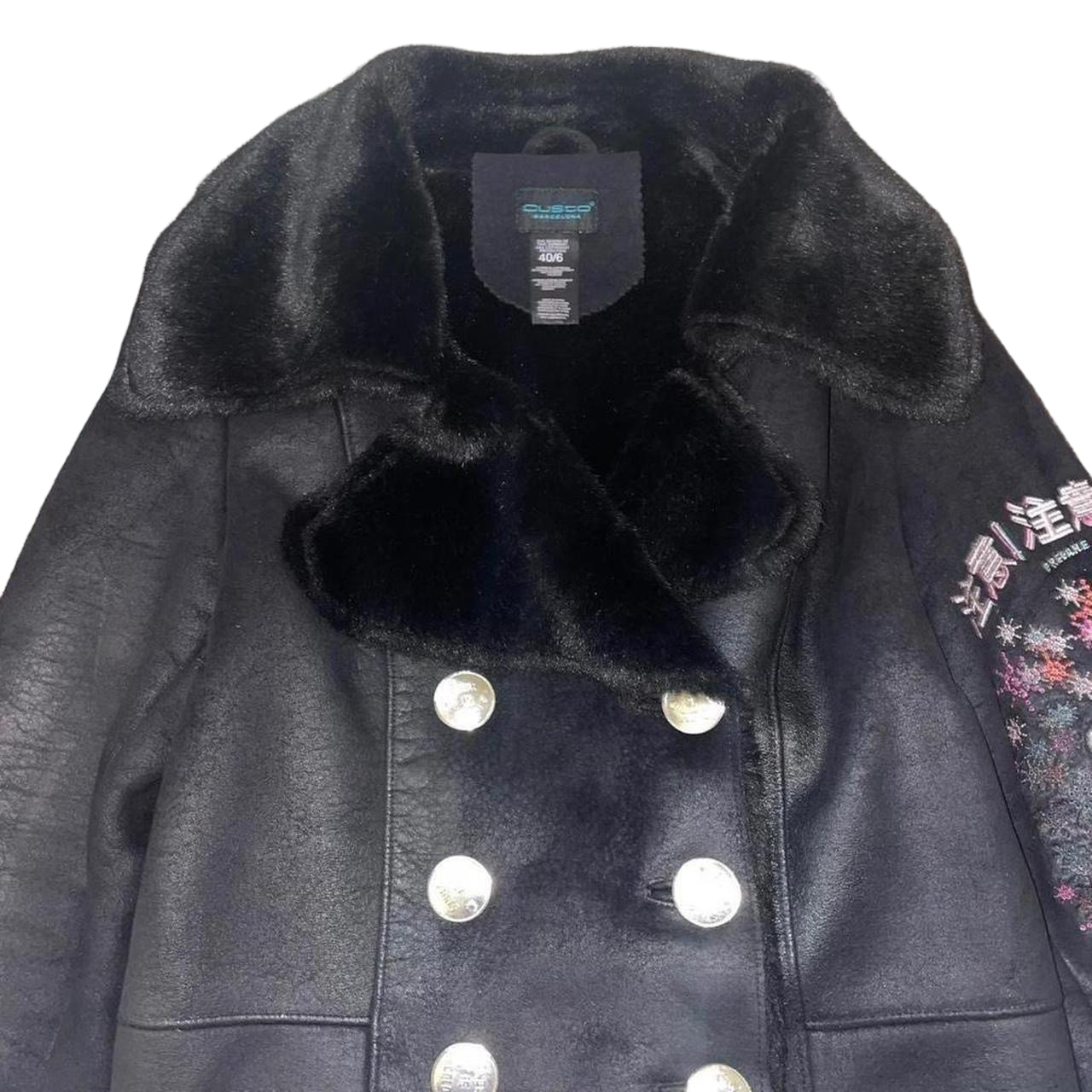 Custo Barcelona black embroidered faux fur coat