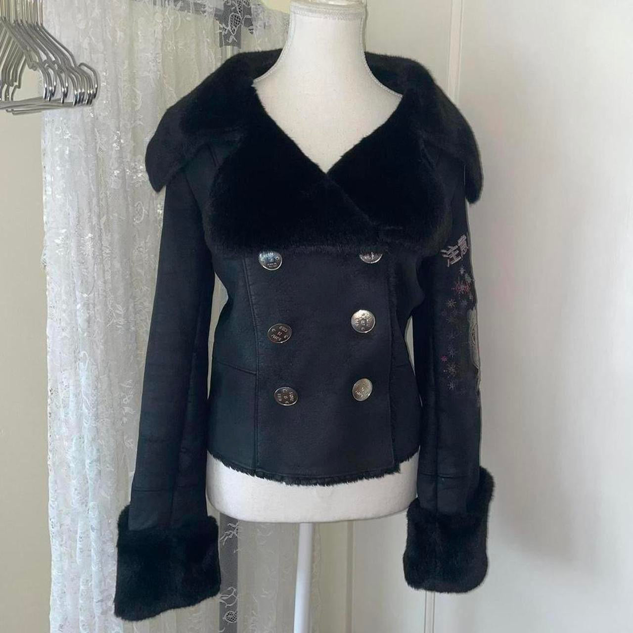 Custo Barcelona black embroidered faux fur coat