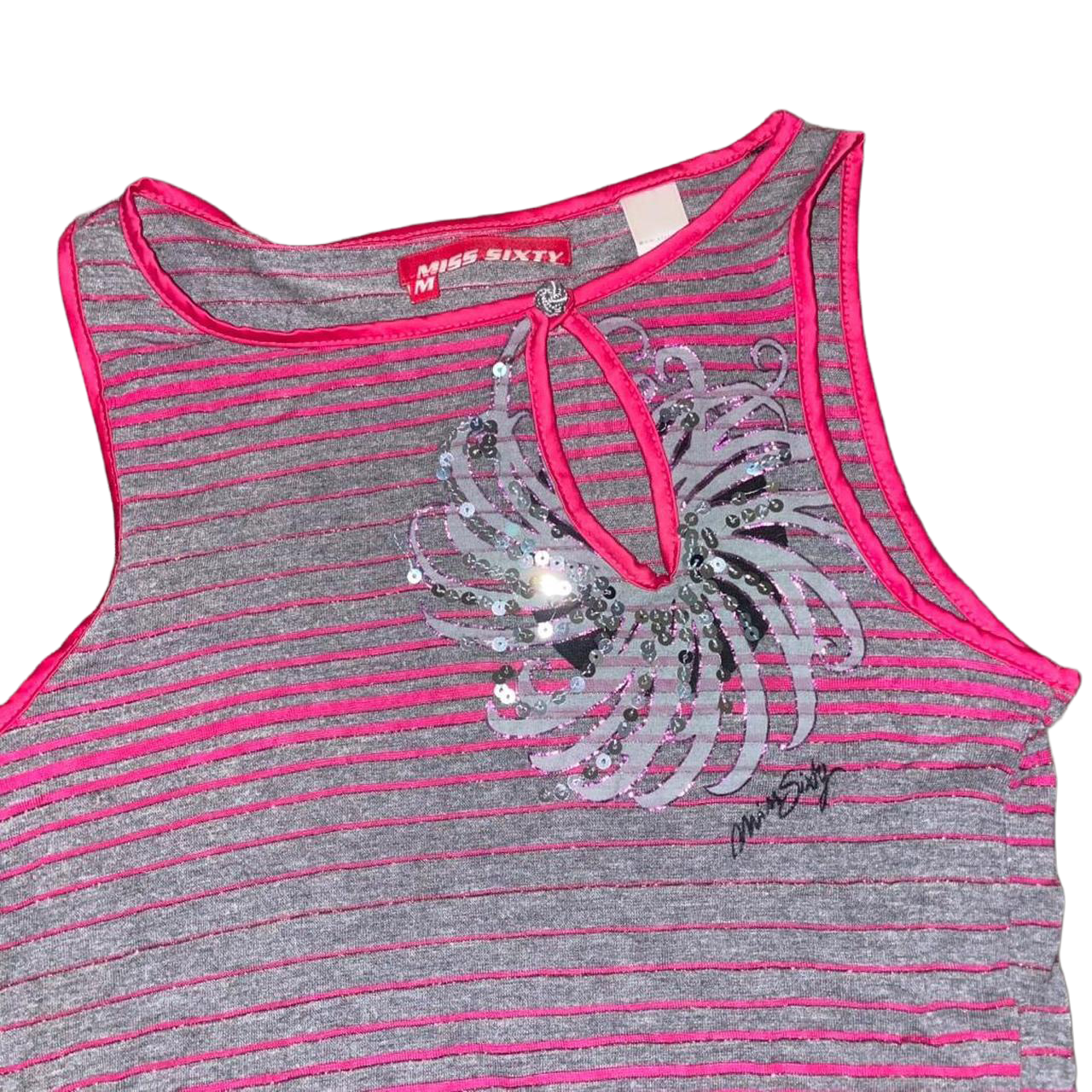 Miss Sixty gray and pink stripe sequin cut out top