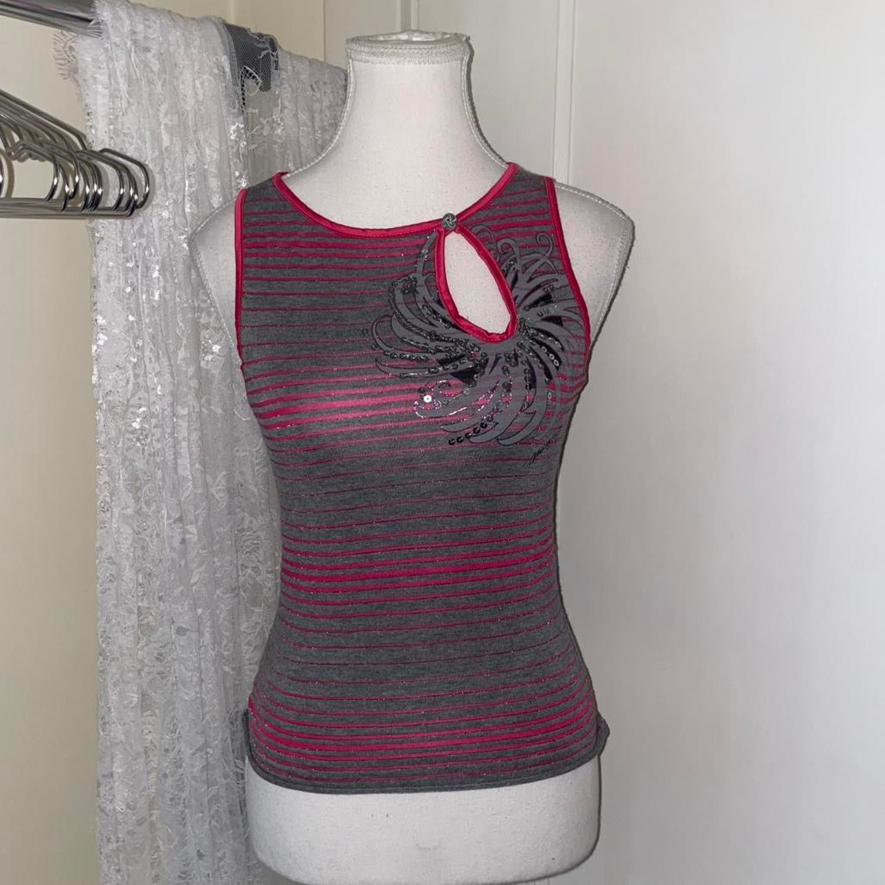 Miss Sixty gray and pink stripe sequin cut out top