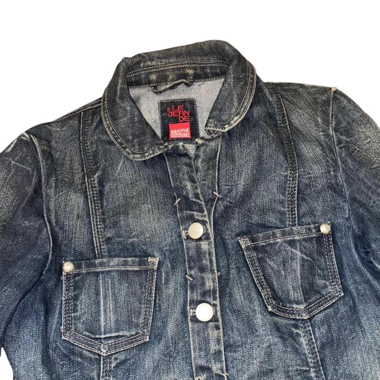 Marithe + Francois Girbaud dark wash denim button up fitted jacket