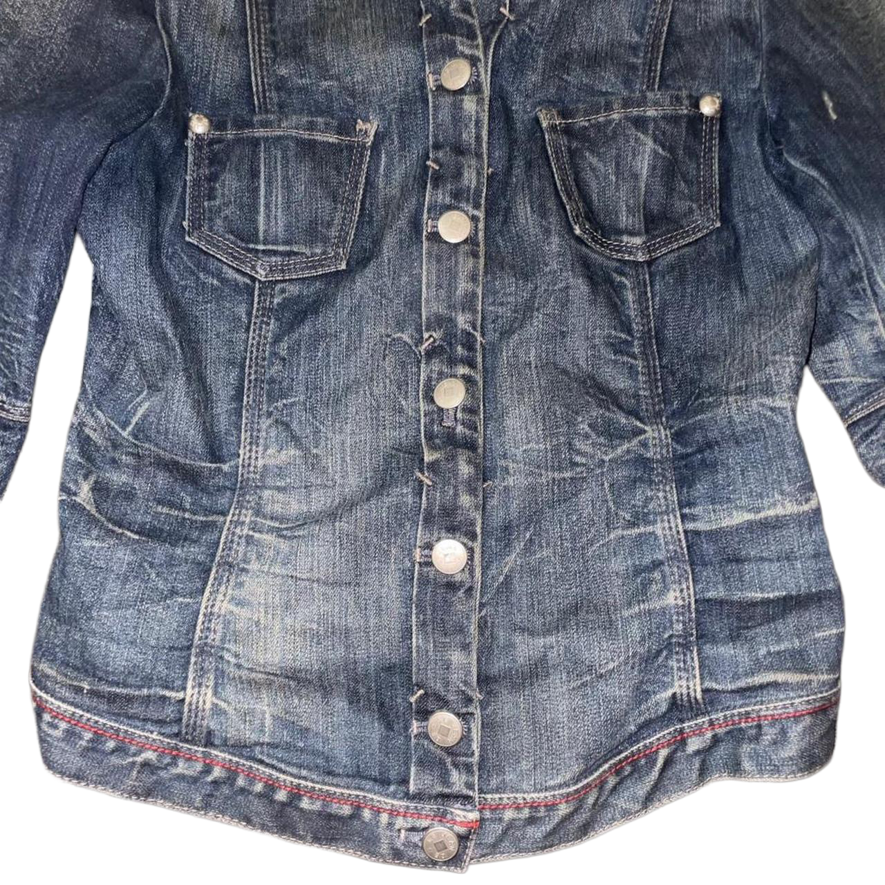 Marithe + Francois Girbaud dark wash denim button up fitted jacket