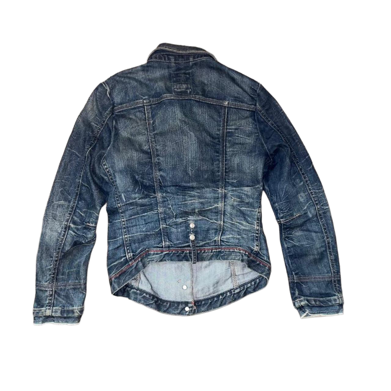 Marithe + Francois Girbaud dark wash denim button up fitted jacket