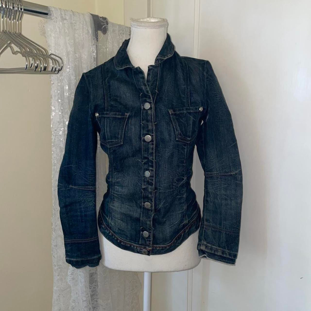Marithe + Francois Girbaud dark wash denim button up fitted jacket