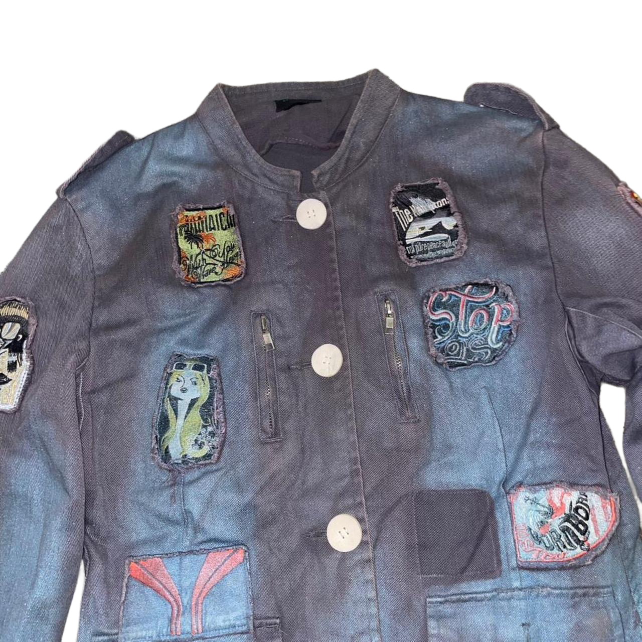 Custo Barcelona muted blue denim patchwork button up jacket