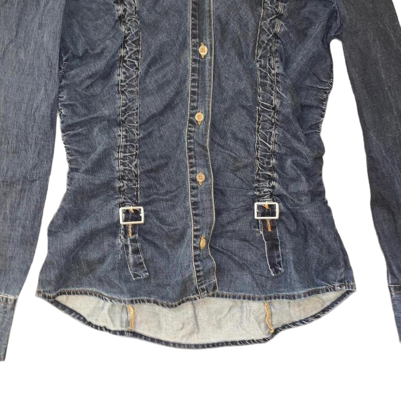 Miss Sixty dark wash ruched denim shirt with buckle details