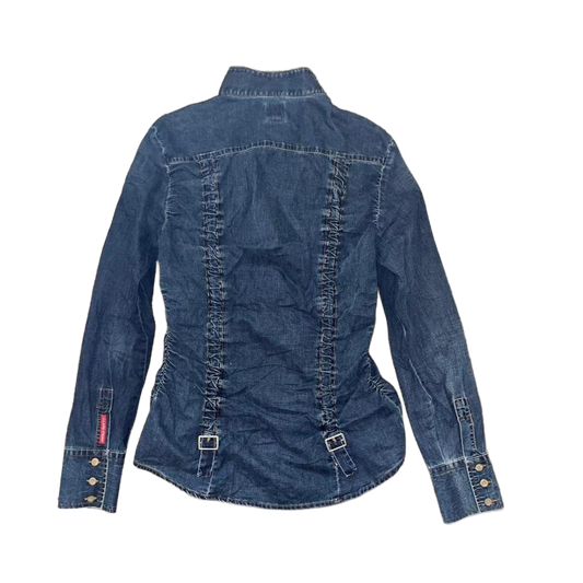 Miss Sixty dark wash ruched denim shirt with buckle details