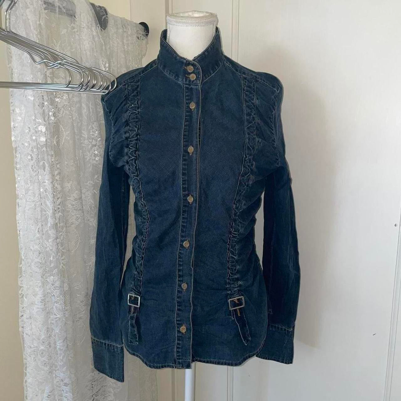 Miss Sixty dark wash ruched denim shirt with buckle details