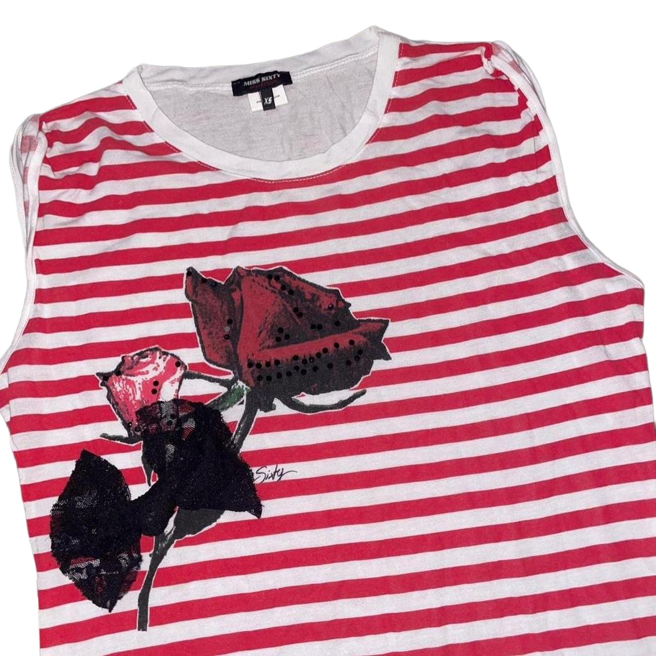 Miss Sixty red stripe rose graphic long top