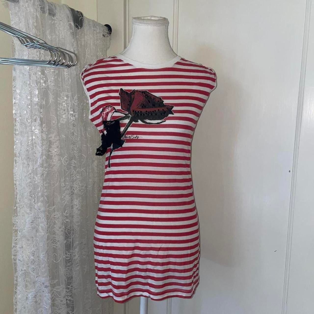 Miss Sixty red stripe rose graphic long top