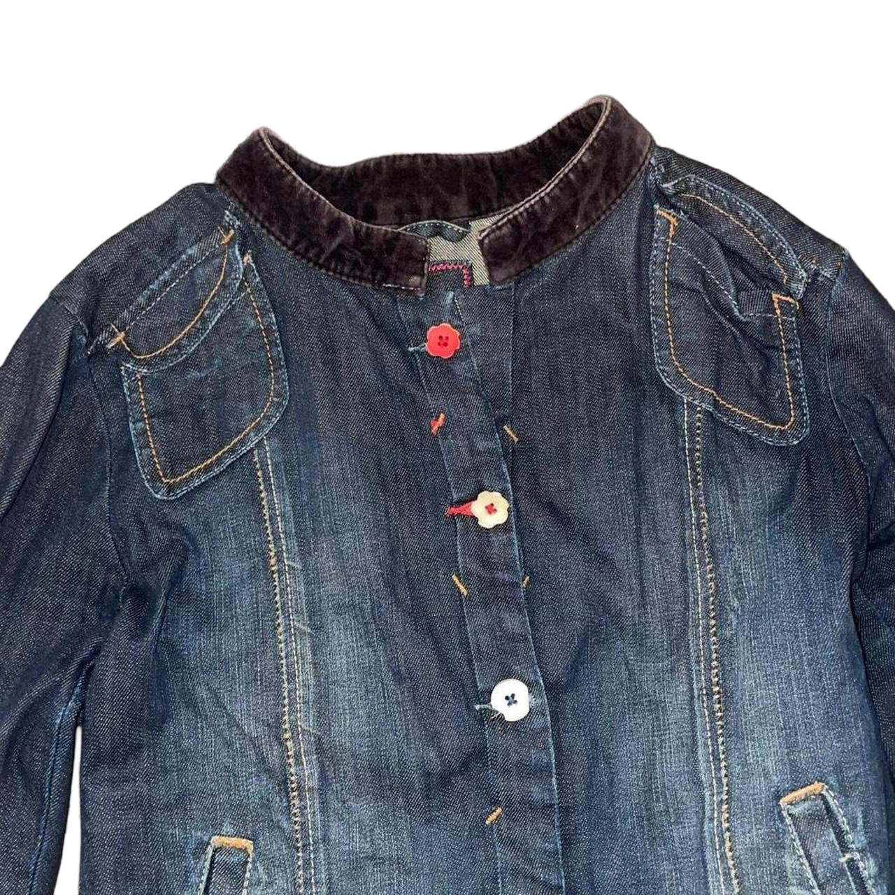 Marithe + Francois Girbaud dark wash button up fitted denim jacket