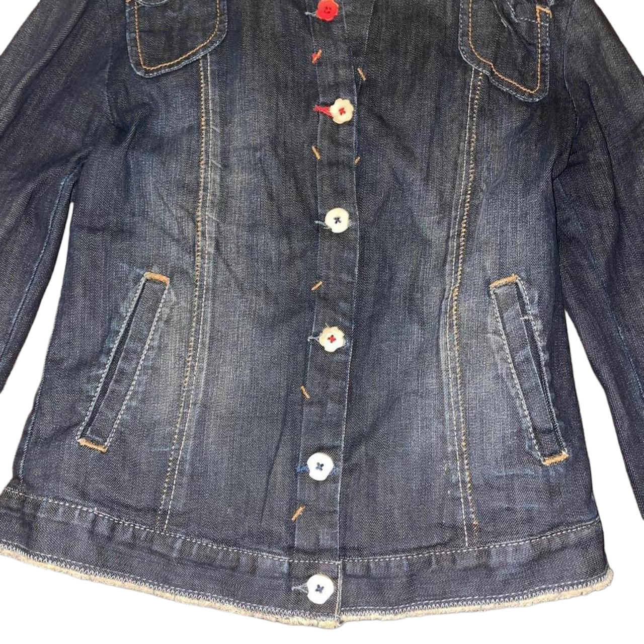 Marithe + Francois Girbaud dark wash button up fitted denim jacket