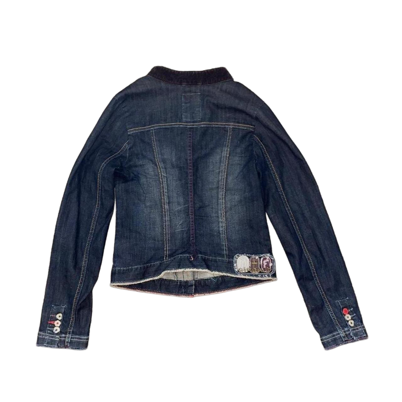 Marithe + Francois Girbaud dark wash button up fitted denim jacket
