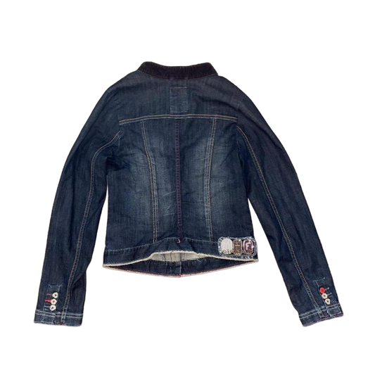 Marithe + Francois Girbaud dark wash button up fitted denim jacket