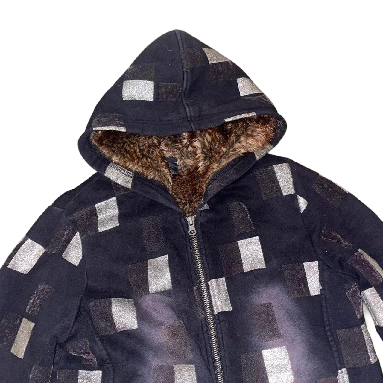 Custo Barcelona faded black graphic hooded jacket with faux fur lining