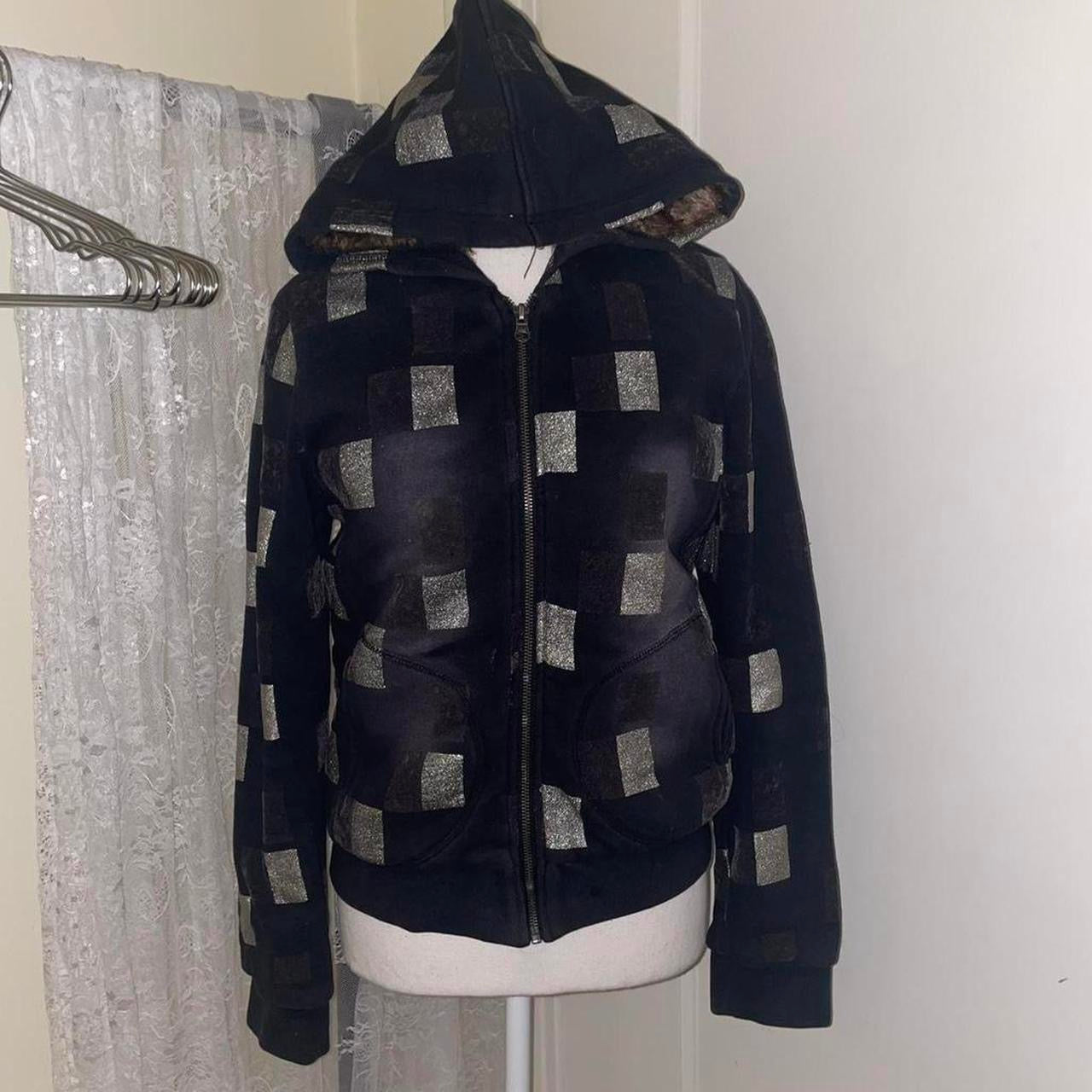 Custo Barcelona faded black graphic hooded jacket with faux fur lining
