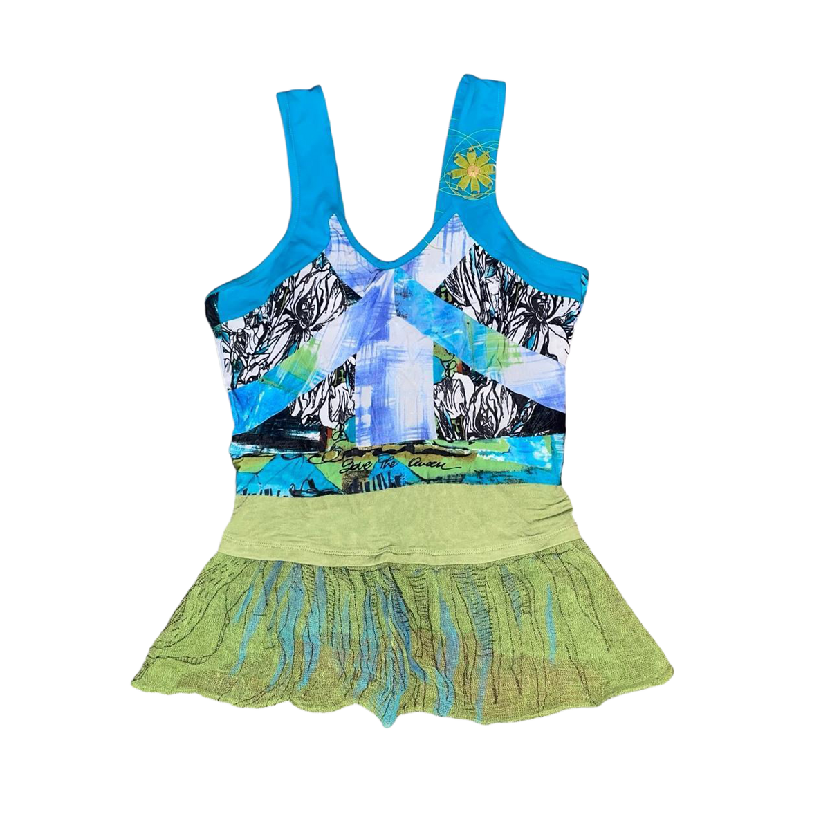 Save the Queen teal and green mesh top with applique detail | mid-2000s