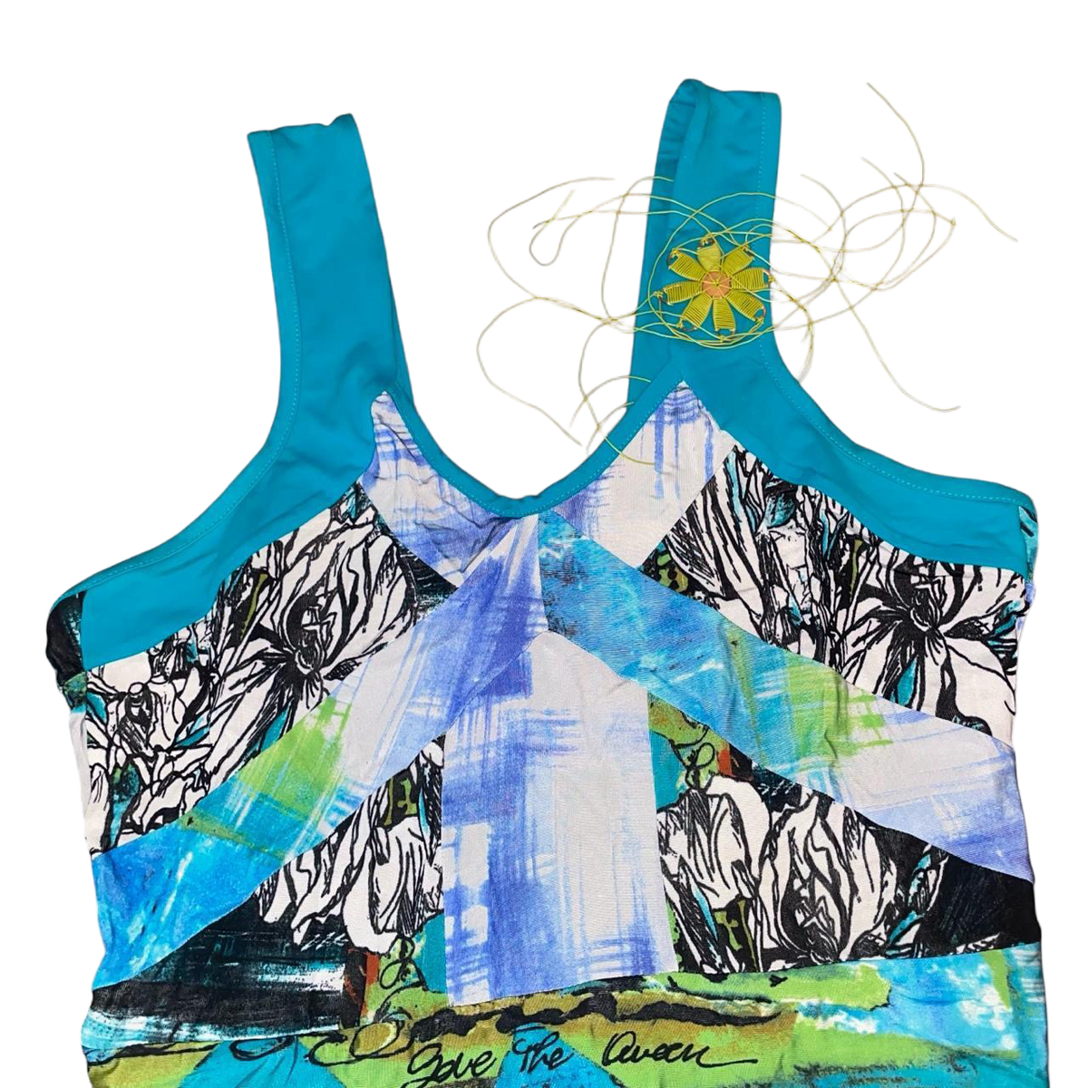 Save the Queen teal and green mesh top with applique detail | mid-2000s