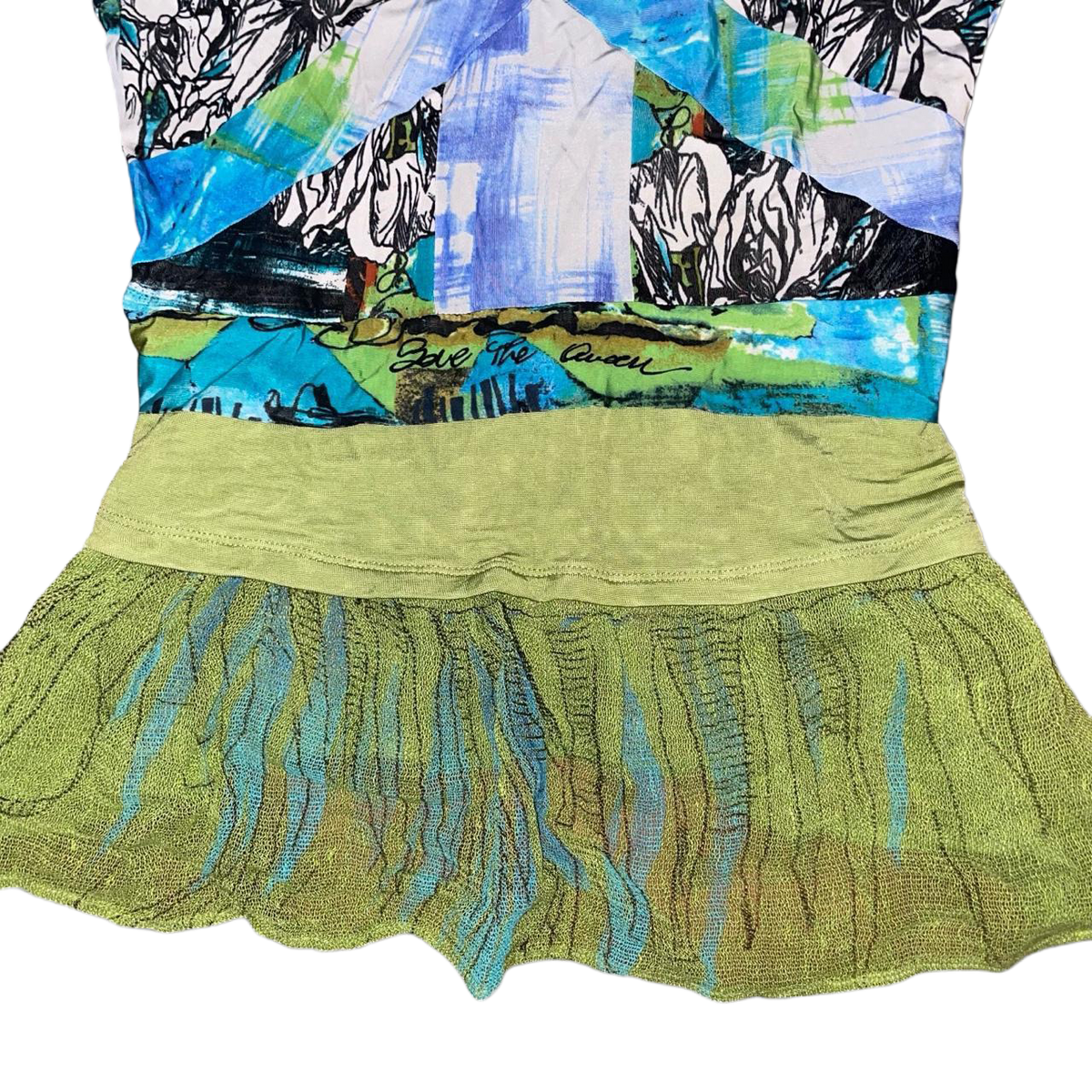 Save the Queen teal and green mesh top with applique detail | mid-2000s