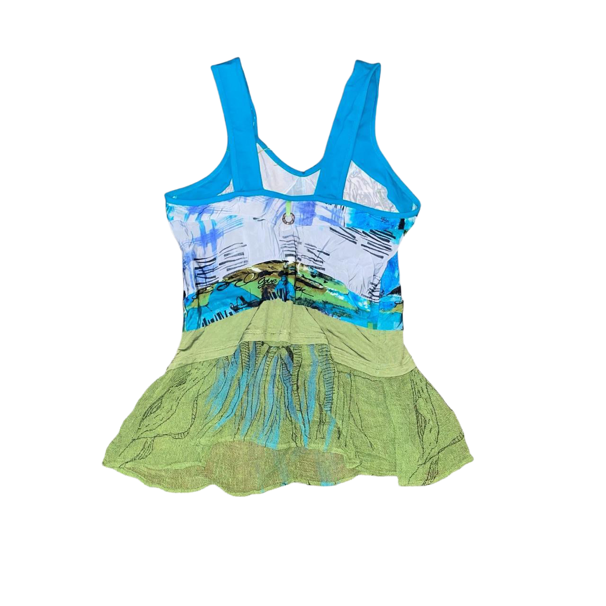 Save the Queen teal and green mesh top with applique detail | mid-2000s