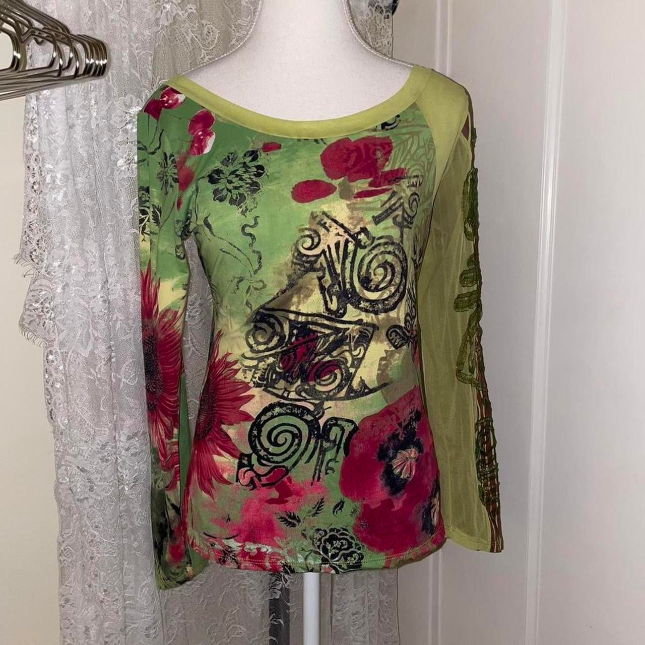 Save the Queen green floral graphic mesh long sleeve