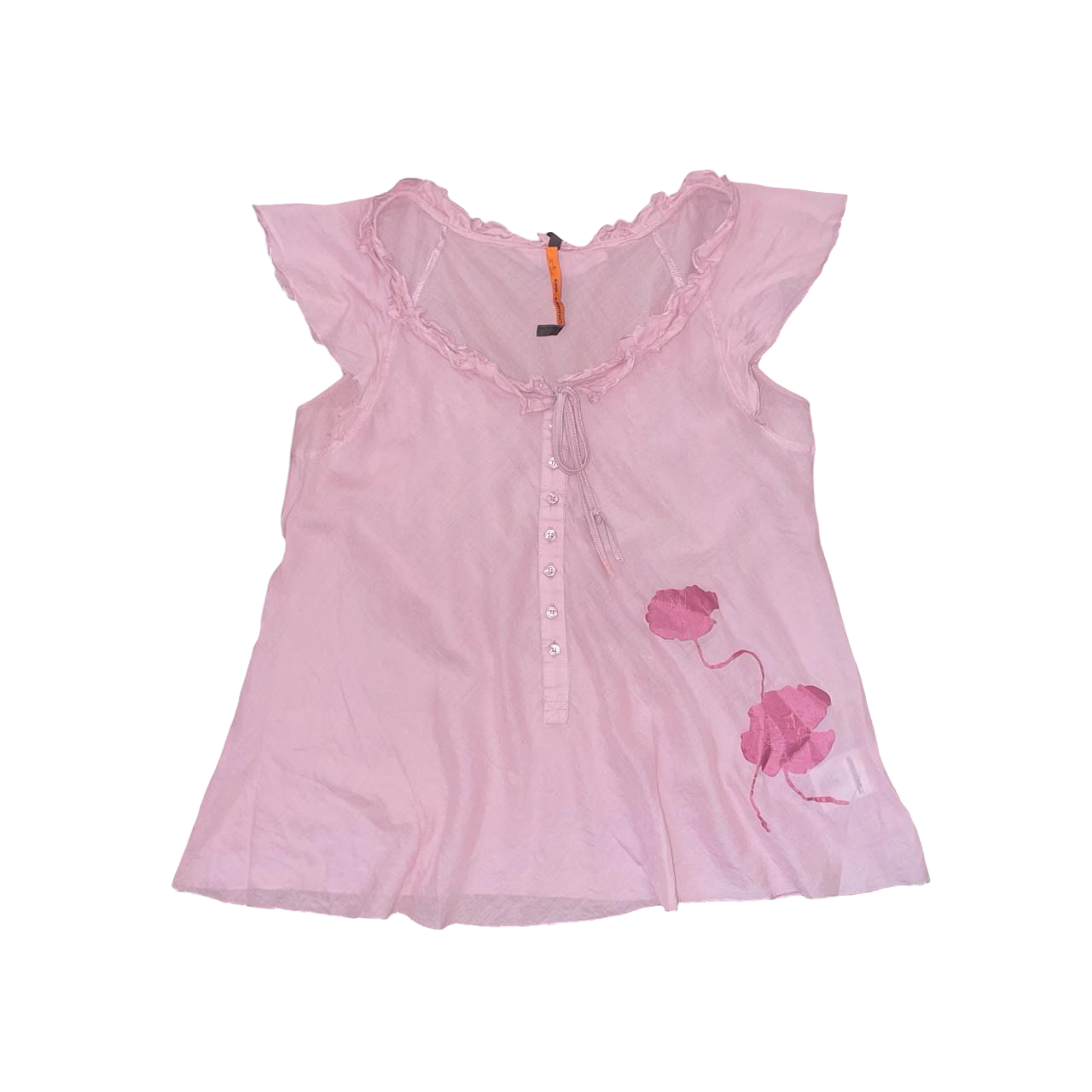 Cop. Copine sheer light pink floral flutter sleeve top | mid-2000s