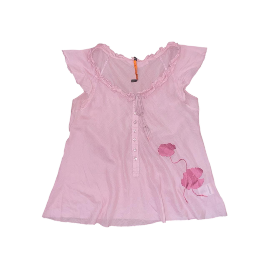 Cop. Copine sheer light pink floral flutter sleeve top | mid-2000s